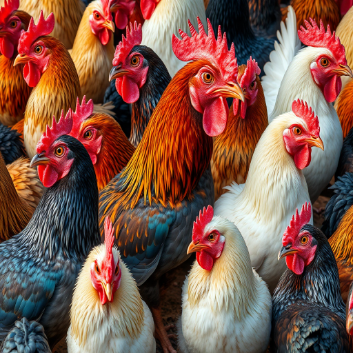 Create a vibrant and detailed collage of various chicken breeds in a mosaic style, capturing a range of colors and textures, shot with a Canon EOS R5 at f/8, ISO 100, 50mm lens, in a soft natural lighting setup for enhanced clarity and depth.