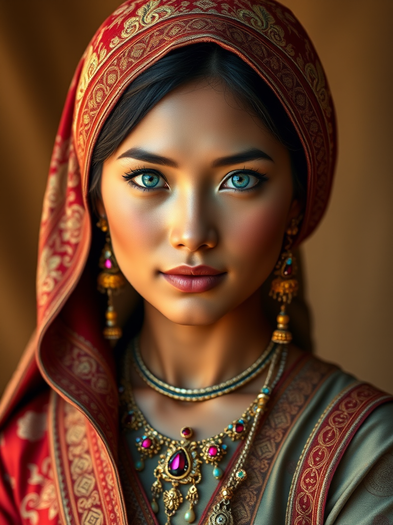 Create a portrait of a beautiful Thai woman with striking blue eyes and a gentle expression. She is adorned in traditional attire with intricate patterns, including a richly embroidered headscarf and matching garments. Her jewelry includes a delicate headpiece, dangling earrings, and ornate bracelets, all featuring vibrant gemstones and detailed metalwork. The background is soft and warm, enhancing the rich colors of her outfit and jewelry.