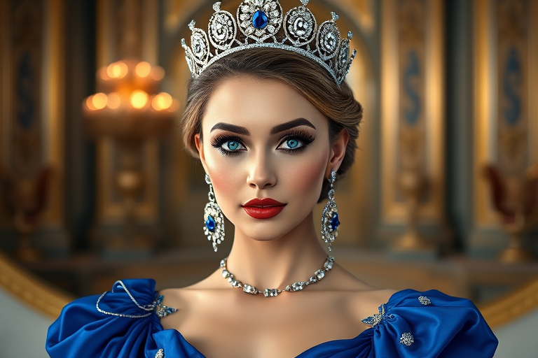 A gorgeous Azerbaijani woman in a luxurious blue gown, accessorized with a dazzling tiara and statement earrings, her deep blue eyes highlighted by impeccable makeup, poised in a royal setting, photorealistic, 8K quality