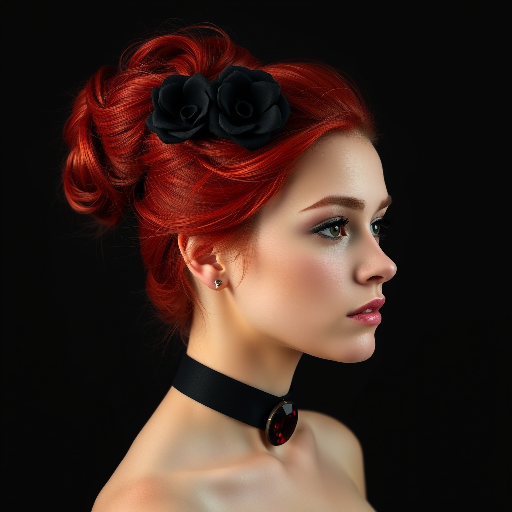A young woman with bright red hair styled in a voluminous updo adorned with black floral accents, wearing a black choker with a large red gemstone pendant, looks off to the side with a slightly pensive expression, her face softly lit against a dark background.  The image is composed as a portrait, shot from a close-up perspective, with the subject filling most of the frame.  The woman's skin appears fair and flawless, with a subtle glow.  The overall atmosphere is elegant and slightly dramatic.
