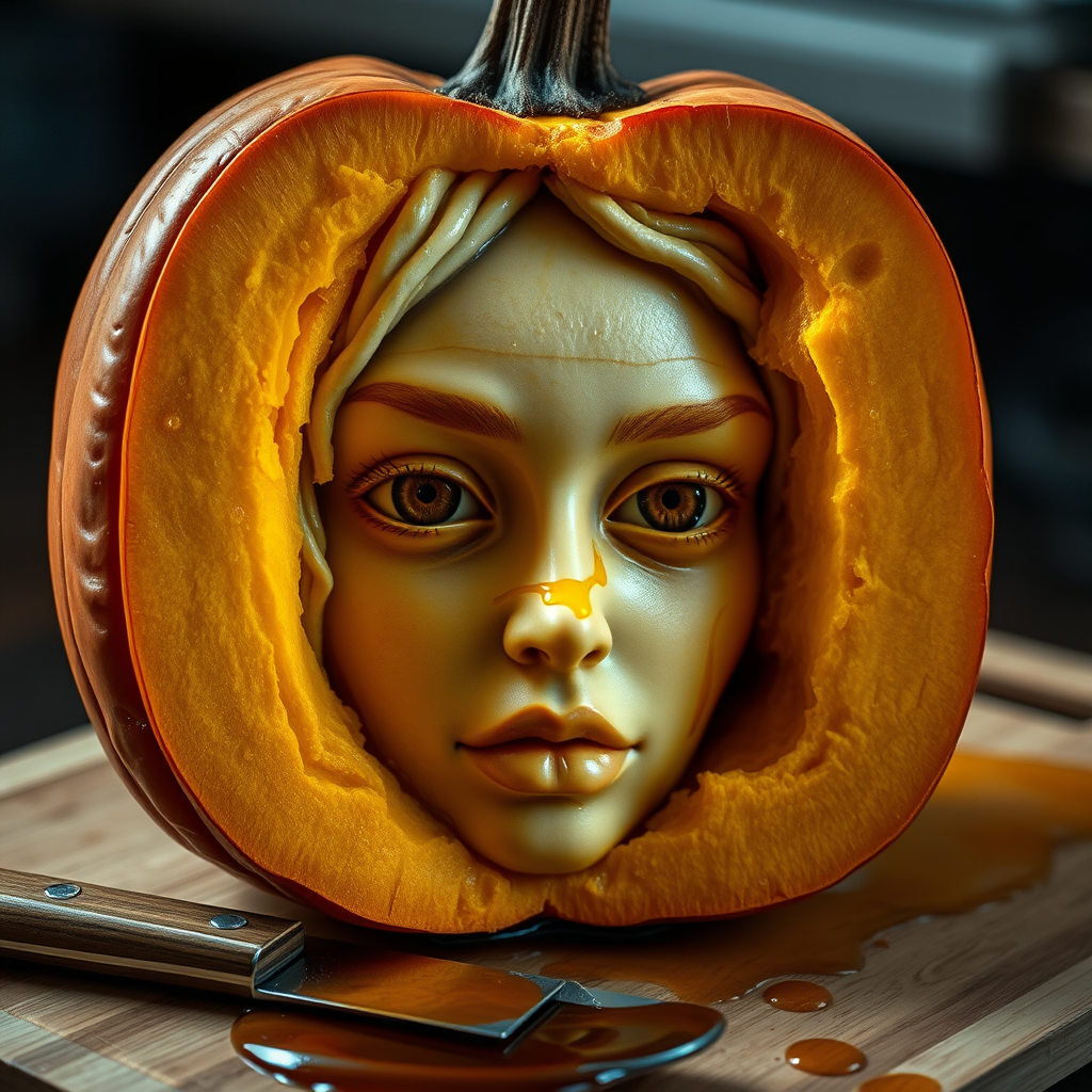 A hyperdetailed photorealistic macro color saturated high resolution image of a pumpkin cut in half, with the pumpkin pit being a highly detailed sculpted woman's face with her eyes open and pumpkin-colored irises. The face has a marble texture. The image includes condensation, moisture, and pumpkin juice. The pumpkin is on a wooden cutting board with a small fruit knife nearby, also covered with juice.