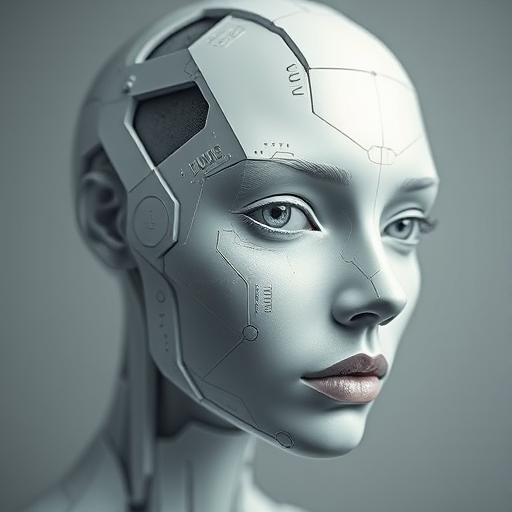 create an abstract portrait of a humanoid face integrated with geometric shapes and textures, emphasizing a futuristic and minimalist design, using a Canon EOS R5, ISO 100, f/8, 24mm, with a high dynamic range to enhance details and colors in a well-lit studio setting
