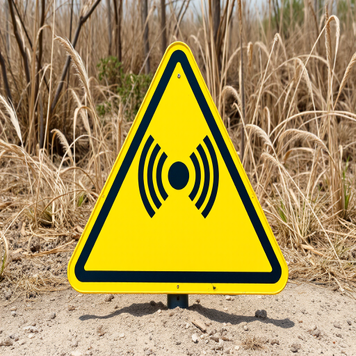 Create a high-resolution image of a yellow triangular caution sign with black radio wave symbols in the center, captured using a DSLR camera with a 50mm lens, f/2.8 aperture, ISO 100, and natural lighting for a clear and sharp appearance.