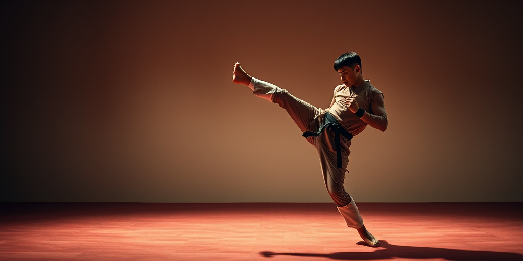 Generate a high-resolution image of a martial artist performing a high kick, using a Canon EOS R5, 50mm lens, f/1.8 aperture, ISO 100, and a cinematic style with dramatic lighting and a plain background for focus.