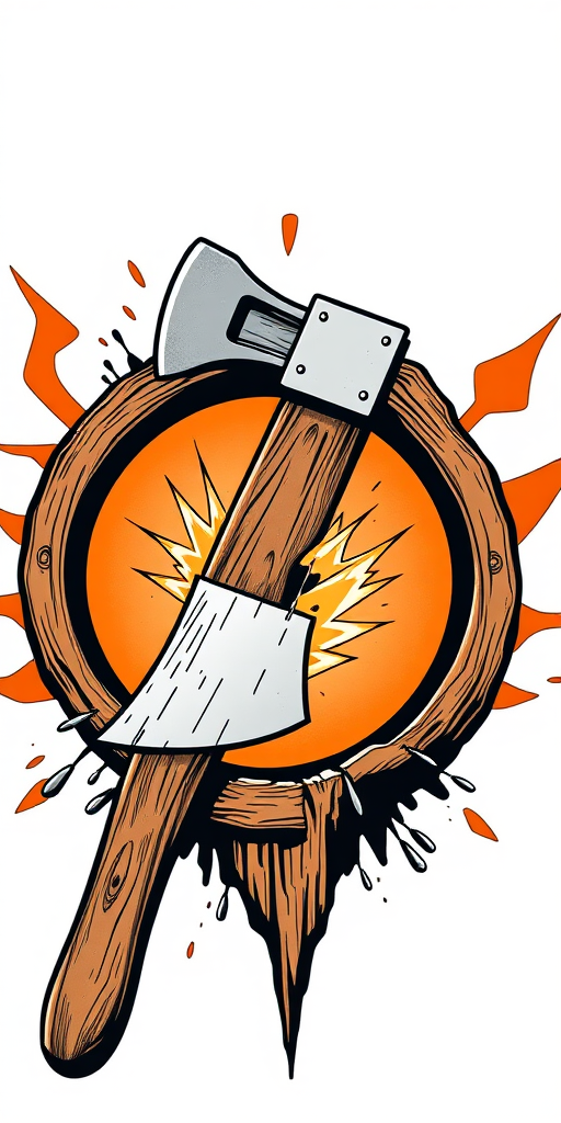 Create a high-resolution vector image of a stylized axe cracking through a circular object with dynamic shapes around it, using a Canon EOS R5 camera with a 50mm lens, aperture f/2.8, ISO 100, shot from a slightly elevated angle to enhance depth and texture.