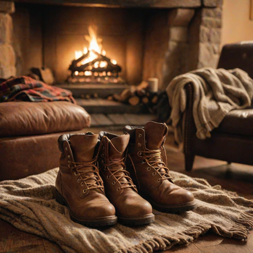 Warmly lit photo of a pair of worn leather hiking boots resting by a fireplace, soft golden light illuminating the room, with a cozy blanket draped over a chair in the background.