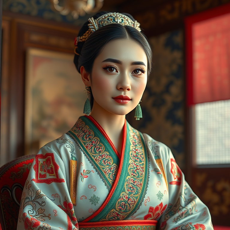 A beautiful Ashkenazi woman in traditional East Asian attire, intricately detailed with embroidered patterns, sitting gracefully in a richly decorated room, soft ambient lighting, serene and elegant, ultra-realistic, 8K resolution