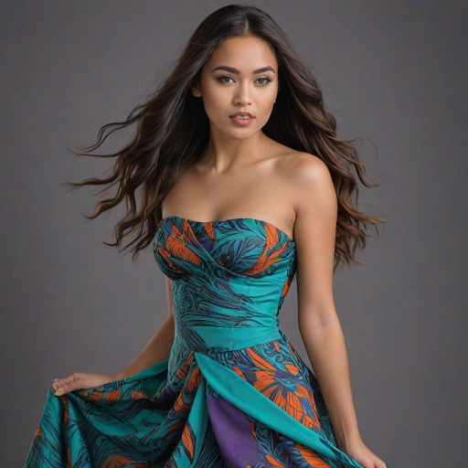 Photographic image of a beautiful young Maori woman, green eyes, lips with cyan lipstick, long hair fluttering in the wind and wearing a silk strapless dress with a soft purple and orange print. monochrome image with only color highlights in the iris of the eyes, lipstick and dress. Gray background.