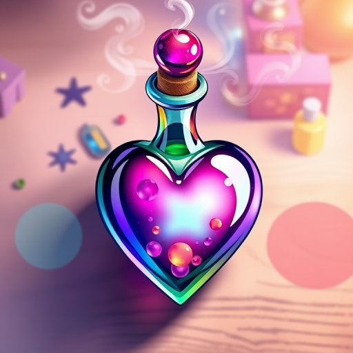 Create a vibrant illustration of a heart-shaped potion bottle with swirling steam and a floating cap in a whimsical style, captured in a top-down view with a soft focus; use a DSLR camera with a 50mm lens at f/2.8, ISO 100, and natural lighting to enhance color saturation and detail.