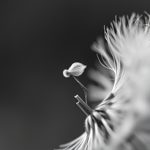 macro photography of a dandelion seed being released from the top of a dandelion flower, shallow depth of field, 50mm lens, aperture f/2.8, ISO 100, natural light, black and white style