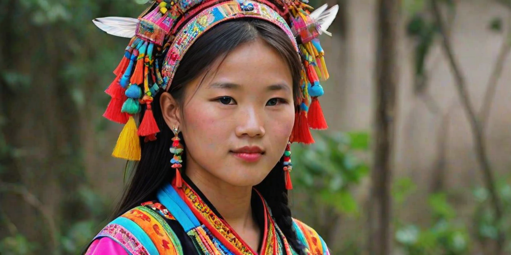 A beautiful Miao girl, wearing colorful bird clothing with vibrant colors