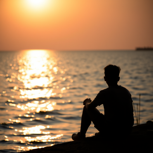 silhouette of a person sitting by a shimmering body of water during sunset, shallow depth of field, aperture f/2.8, ISO 100, 50mm lens, backlight, portrait orientation, DSLR camera