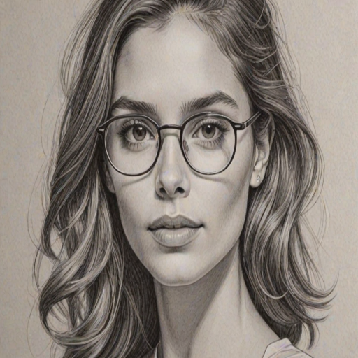 Resplendent Caitlin Stasey, pencil sketch, portrait of Exquisite woman 1945s in glasses, hair style beatnik, outline, clear lines, fine lines, 8k