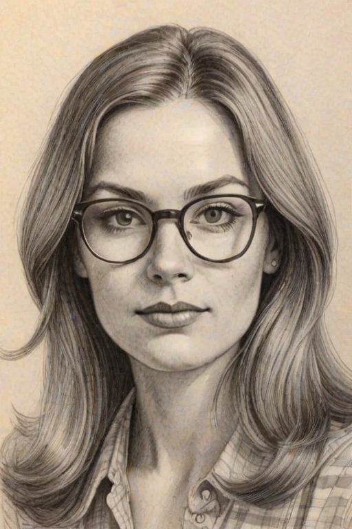 Wonderful Retta, pencil sketch, portrait of Lovely woman 1970s in glasses, hair style beatnik, outline, clear lines, fine lines, 8k