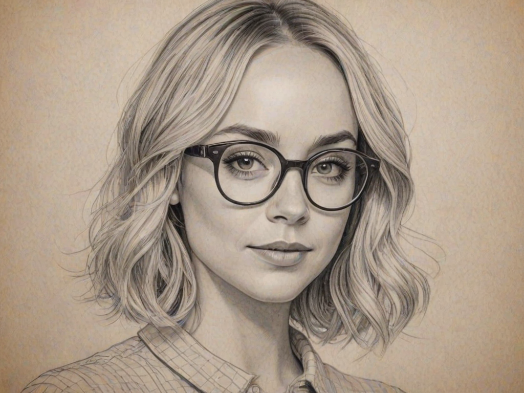 Radiant Becca Tobin, pencil sketch, portrait of Magnificent woman 1922s in glasses, hair style beatnik, outline, clear lines, fine lines, 8k