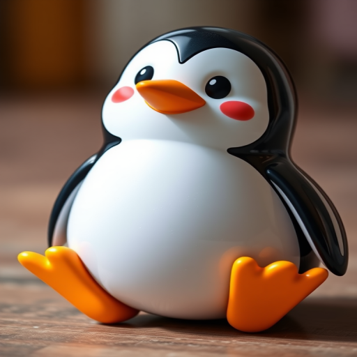 Create a high-resolution image of a cartoon penguin with a shiny surface and vibrant colors, using a Canon EOS 5D Mark IV, 50mm lens, f/2.8 aperture, ISO 100, shot in natural light, with a slight tilt to give a dynamic perspective.