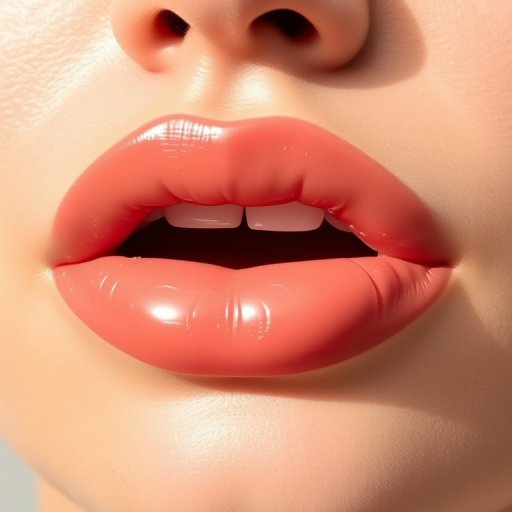 Glossy nude lips with a peachy undertone, known as "Bare Necessities," offer a natural, your-lips-but-better look with a hydrating formula