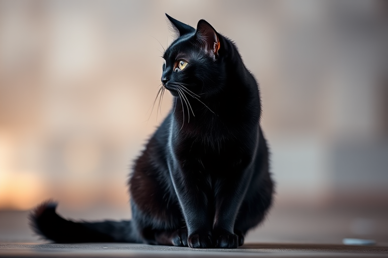Create a high-resolution image of a stylized black cat sitting gracefully, using a Canon EOS R5 camera, 50mm lens, f/1.8 aperture, ISO 100, natural lighting, shallow depth of field, and a soft bokeh background.