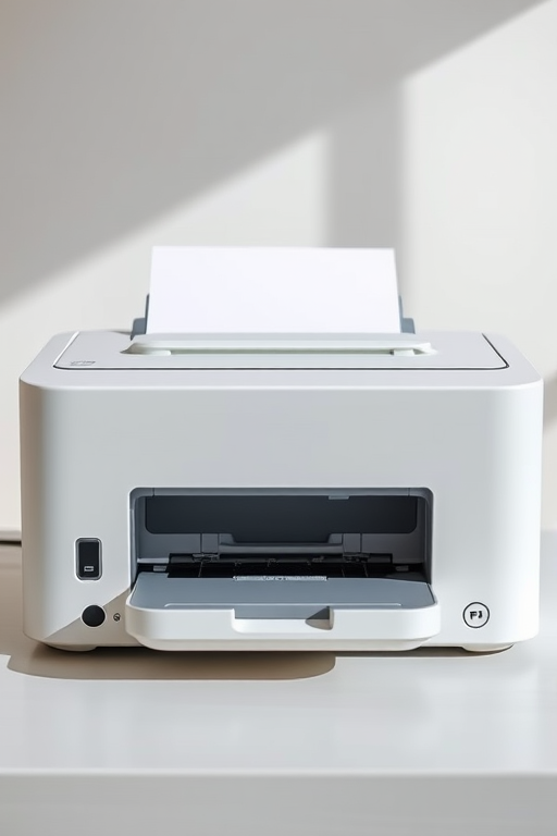 Generate a high-resolution image of a classic printer with a clean, minimalist design, viewed from a front angle, using a Canon EOS R6 camera with a 50mm lens, aperture set to f/2.8, ISO 100, and a shutter speed of 1/125 sec in natural lighting.