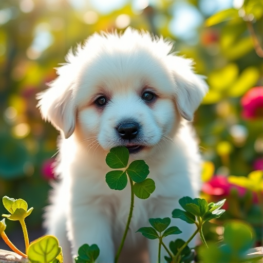 Generate a highly detailed image of a fluffy white puppy holding a four-leaf clover in its mouth, set in a vibrant garden with soft sunlight filtering through the leaves, using a DSLR camera at f/2.8 aperture, 50mm lens, shot at a low angle to emphasize the puppy's features and create a blurred background effect.