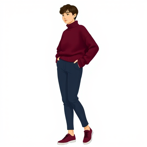 Generate a full-body illustration of a person wearing a cozy, oversized maroon sweater and high-waisted navy pants, standing sideways with a neutral expression, in a minimalist style, using a DSLR camera with a 50mm lens, aperture f/1.8, ISO 100, shot in soft natural light for enhanced contrast and detail.