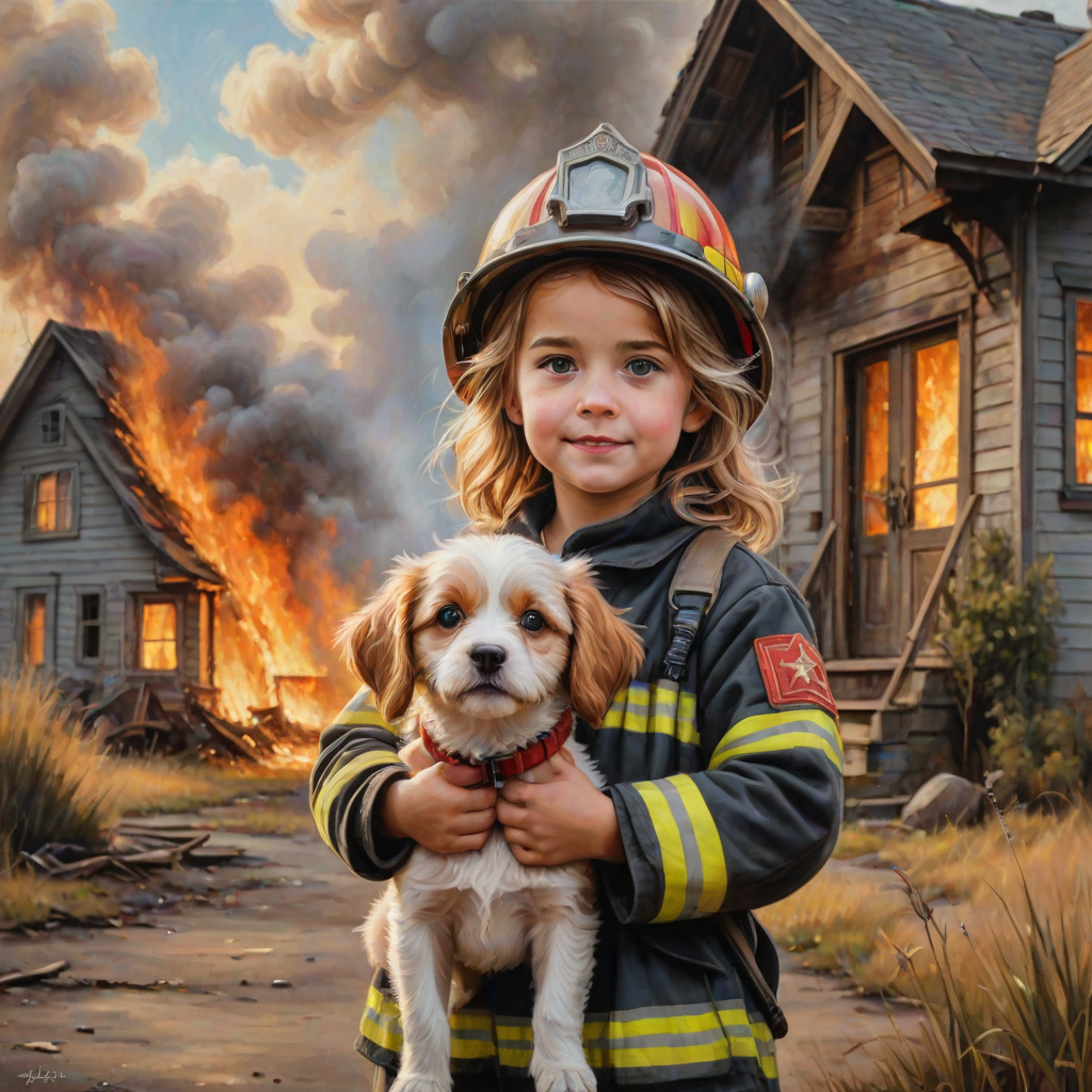 airbrushed oil painting, pixar style, cute little girl in fireman gear, helmet, tousled hair, expressive eyes, standing in the doorstep of a cottage burning behind him, holding a cute little dog in her arm, atumn sky