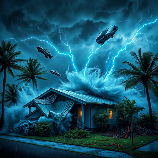 Hurricane Milton blows a roof off a home. Strong winds and rain blows sideways. Palm trees uprooted and bent over. Cars flying through the sky with debris. Sky is dark with thunder storms. Lightning strikes are fluorescent blue. Add text Hurricane Milton 2024