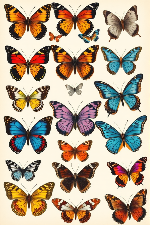 Create an illustrated image featuring a variety of butterflies arranged in a grid format. Include a diverse range of butterfly species with distinct colors and patterns. The background should be neutral to enhance the vibrancy of the butterflies. Aim for a vintage or botanical style in the illustration.