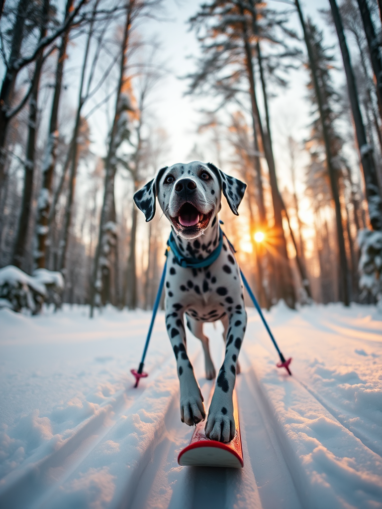 Dalmatian dog skiing in a snowy forest, high-resolution, 50mm lens, aperture f/2.8, shutter speed 1/500s, ISO 200, shallow depth of field, golden hour lighting, action shot, DSLR camera.