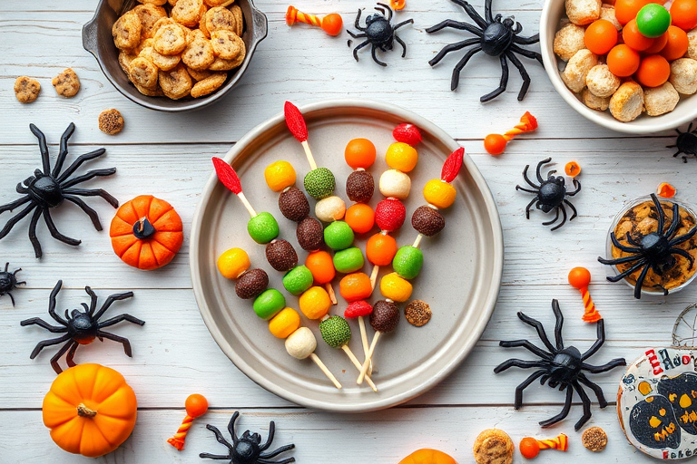 Create a vibrant, high-resolution photo of a playful Halloween-themed snack table featuring colorful candy skewers on a neutral plate surrounded by fun spider decorations and Halloween treats, taken with a DSLR camera at f/2.8, ISO 200, 1/60s, overhead view, with bright natural lighting for enhanced colors and clarity.