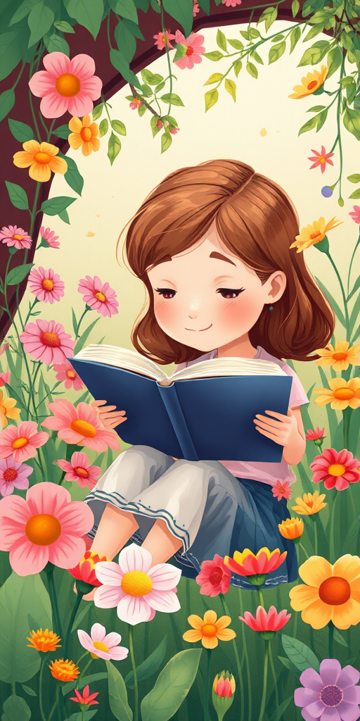 Create an illustration of a girl reading a book surrounded by colorful flowers and greenery, captured with a 50mm f/1.8 lens, aperture set to f/2.8, ISO 100, natural soft light, in a whimsical and vibrant cartoon style.