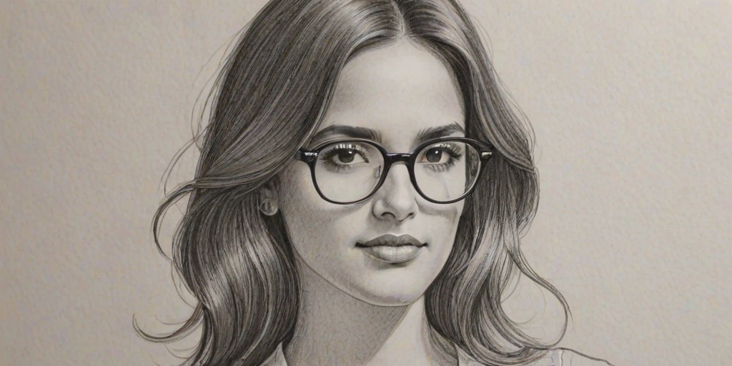 Wonderful Adria Arjona, pencil sketch, portrait of Ravishing woman 1972s in glasses, hair style beatnik, outline, clear lines, fine lines, 8k