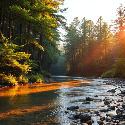 Create an image of a serene, sunlit forest scene with a clear, gently flowing river. Tall trees with lush green foliage line both sides of the river, their leaves bathed in the warm golden light of the setting or rising sun. The sunlight filters through the trees, casting soft, dappled light on the river, which flows over smooth rocks and pebbles, creating a peaceful, natural atmosphere. The sky is bright with a few scattered clouds, and the overall mood is tranquil, evoking a deep sense of connection with nature. The image captures the beauty of a calm, pristine forest landscape at either dawn or dusk.