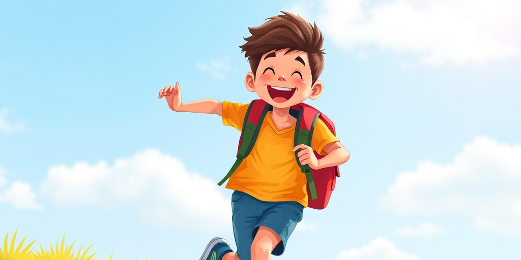 create a vibrant digital illustration of a cheerful young boy with a backpack running, using a Canon EOS R with a 50mm f/1.8 lens, aperture at f/2.8, ISO 200, in bright daylight to enhance colors and details.