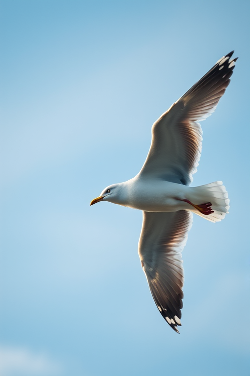 A seagull in flight against a soft blue sky, captured with a Canon EOS R5, 100mm lens, f/2.8, ISO 200, shutter speed 1/2000s, with shallow depth of field and natural light to enhance the feathers and fine details.