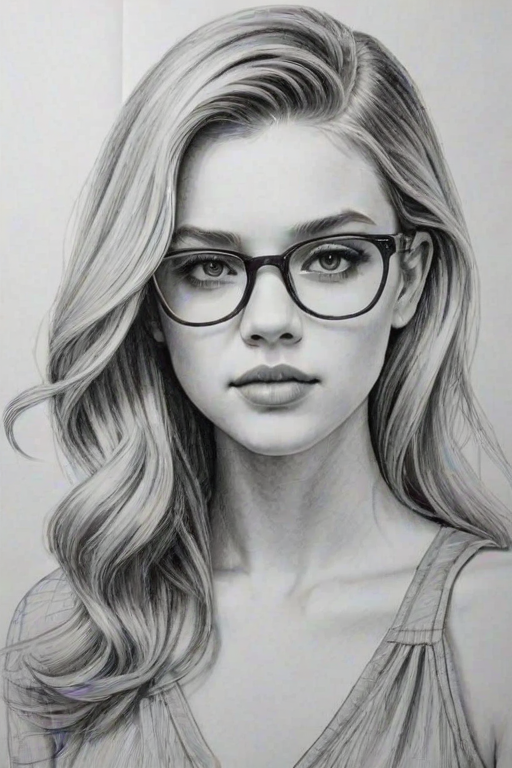 Enchanting Nicola Peltz, pencil sketch, portrait of Delightful woman 1935s in glasses, hair style beatnik, outline, clear lines, fine lines, 8k