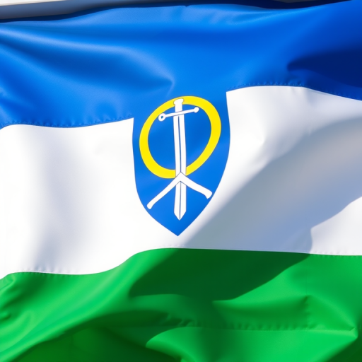 Create an image of a flag featuring a blue shield with a yellow circle and a sword, set against a white top and green bottom, captured with a DSLR camera at f/8 aperture, ISO 100, 50mm lens, in natural light for optimal clarity and color saturation.