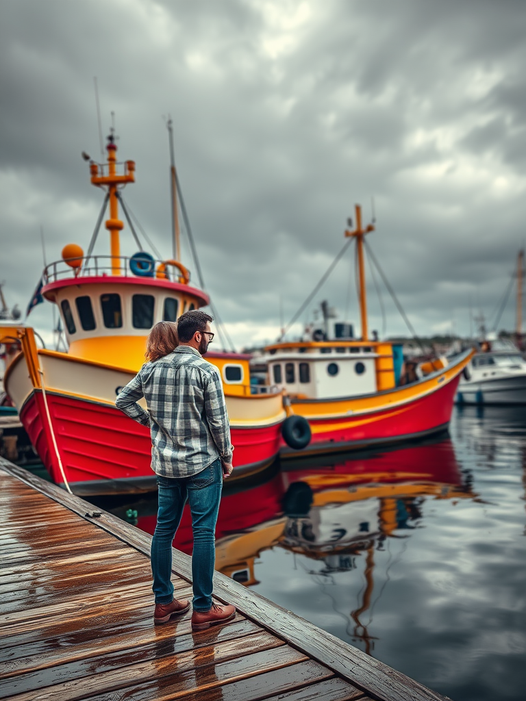 Regenerate an image of a couple standing near a colorful fishing boat on a cloudy day at a dock, with a focus on the reflections in the water, taken with a DSLR camera, 35mm lens, f/8 aperture, ISO 200, and a slight HDR effect for enhanced detail and contrast.