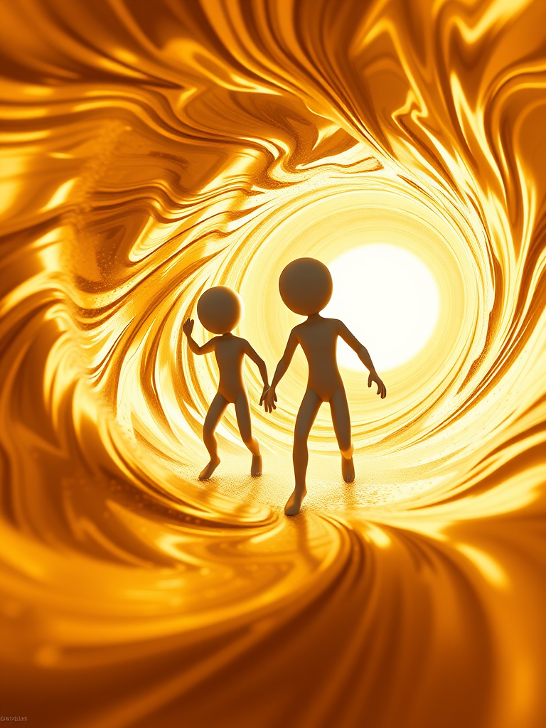 Create a 3D digital art scene with two stylized humanoid figures in a swirling golden vortex, with a focus on dynamic motion and fluid shapes, captured using a 50mm lens at f/2.8, ISO 100, with a wide angle view and high contrast lighting to enhance textures and depth.