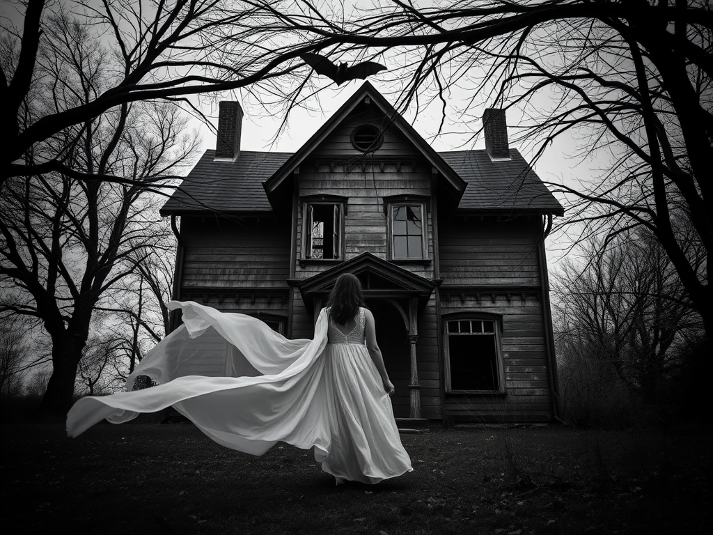 Create an eerie scene featuring a woman in a flowing white dress standing in front of an old, dilapidated house with dark tree branches surrounding it, include a bat flying above her, shot with a Canon EOS R5 at f/2.8, ISO 100, 35mm lens in moody black and white with a shallow depth of field.