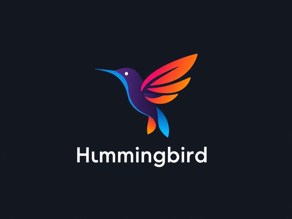 Create a minimalist, stylized hummingbird logo with vibrant colors including magenta, orange, and blue, set against a dark gray background, captured with a DSLR camera at f/2.8, ISO 100, 50mm lens, top-down view, high contrast lighting.