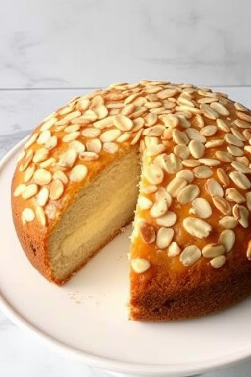 A round cake with a glossy almond topping sliced to show creamy layers inside placed on a white plate against a marble background.