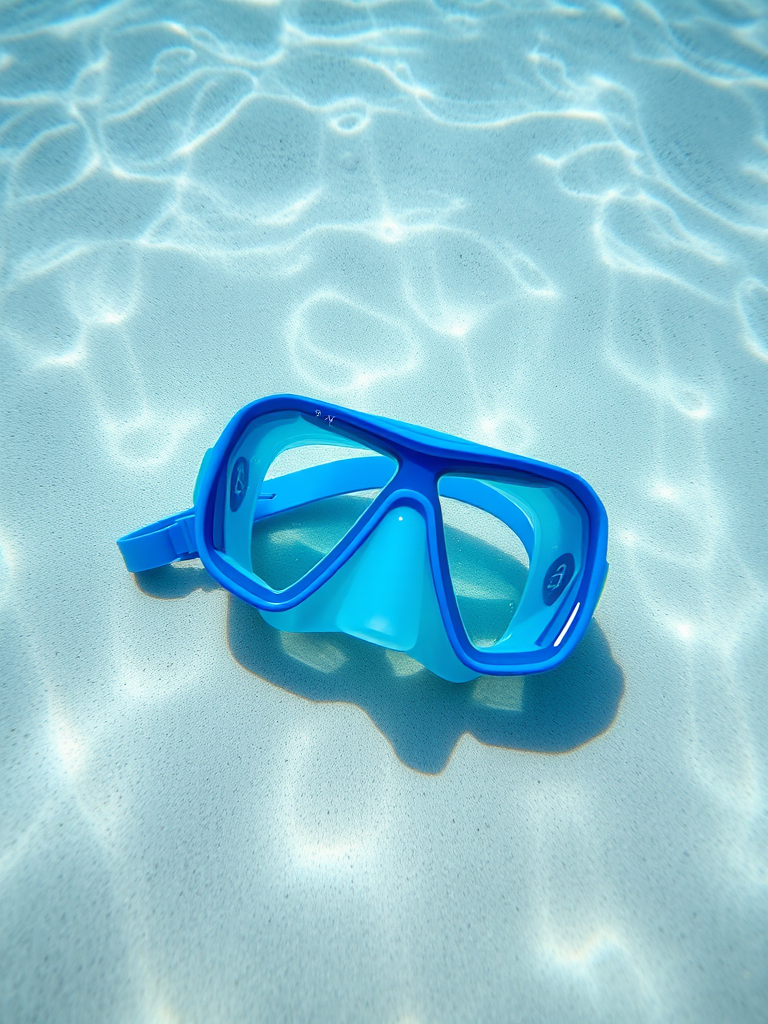 Underwater photograph of a blue snorkel mask on sandy seafloor, bright and clear water, natural lighting, 50mm lens, aperture f/2.8, ISO 200, shot with a DSLR camera from a top-down view.