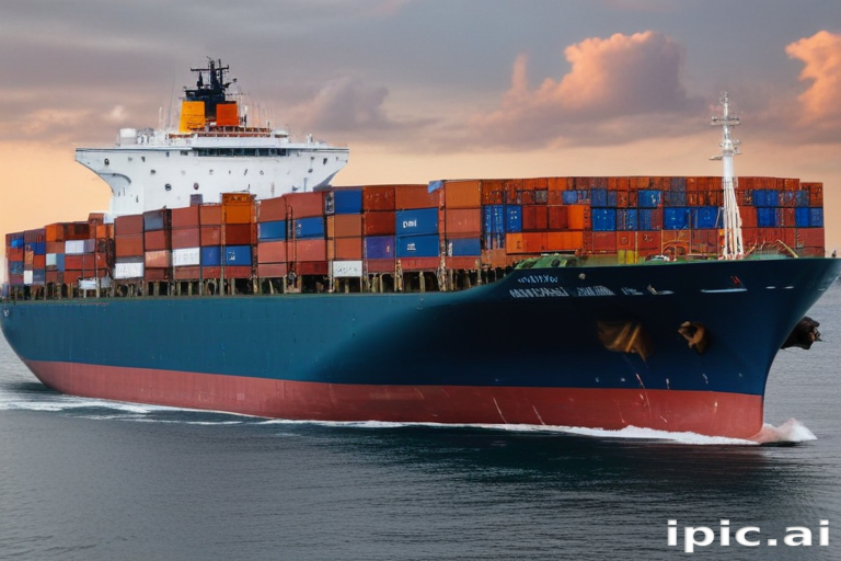 A Large Container Ship Navigating Calm Waters Under a Colorful Sky.