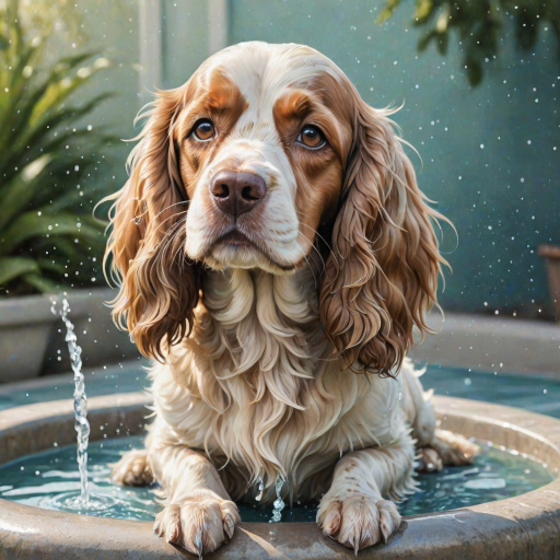 Watercolor ink illustration, A digitally created artwork of a Cocker Spaniel dog leaning on a water fountain, eyes closed, tongue out as if lapping water. The white dog has brown and cream patches, especially on its ears and face. Water splashes around it with detailed droplets. The background features a soft blue-green gradient, suggesting a sunny day. The style is realistic, focusing on the texture of fur and water for a lifelike, vibrant feel.