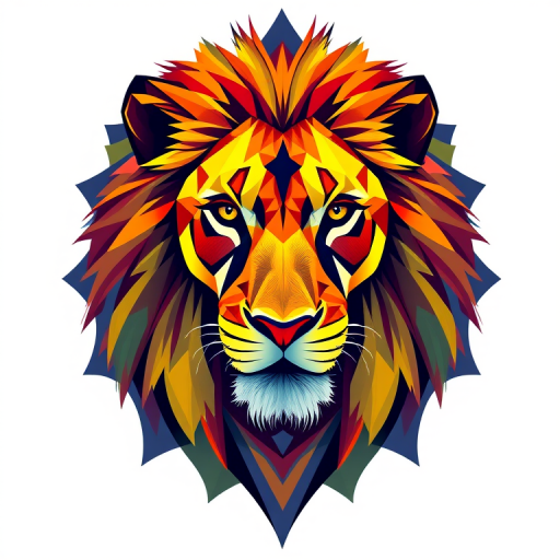 Create a detailed vector illustration of a lion in a stylized geometric design, using vibrant colors and intricate patterns, captured with a DSLR camera at f/2.8, ISO 100, 50mm lens, overhead view, high contrast lighting.