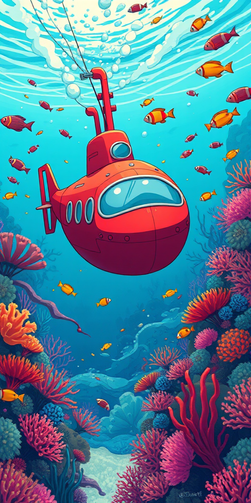 Create an illustration of a vibrant red submarine navigating through a colorful underwater scene filled with playful marine life and coral reefs, using a DSLR camera with a 50mm lens, f-stop of 2.8, ISO 100, and a shallow depth of field to enhance clarity and detail in the foreground, capturing a wide-angle view for a more immersive experience.