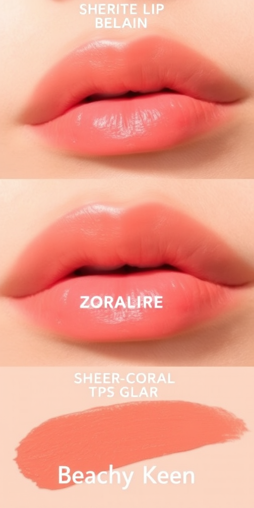 Sheer coral lips with a balm-like texture, titled "Beachy Keen," offer a natural-looking tint and a nourishing formula for everyday wear