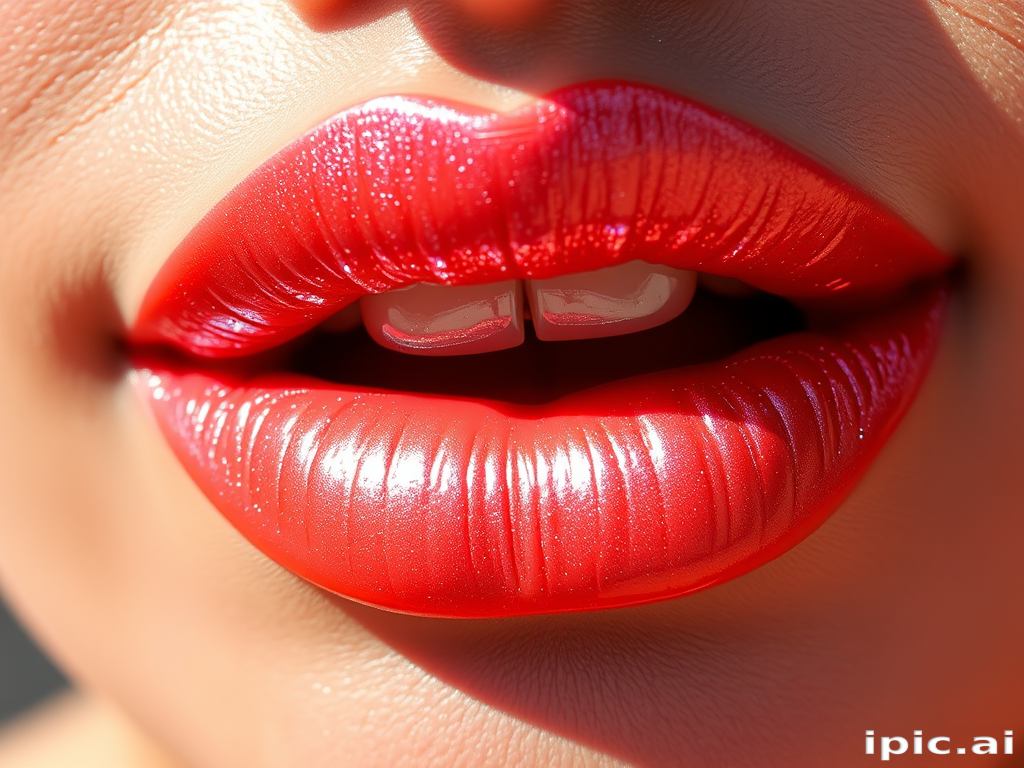 Shimmering coral lips with a metallic sheen, reflecting light beautifully and creating dimension, photographed in natural sunlight to showcase the iridescent finish