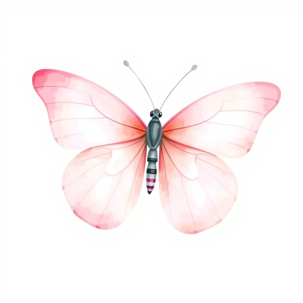 Create a watercolor illustration of a delicate butterfly with soft pink hues and subtle details in its wings, set against a plain white background. The butterfly should have slender antennae and a gentle, graceful appearance.